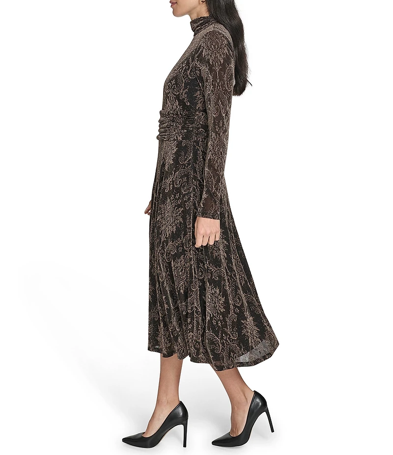 Jessica Howard Printed Metallic Knit Mock Neck Long Sleeve Midi Dress