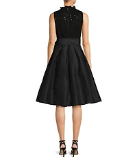 Jessica Howard Ruffle Mock Neck Sleeveless Sequin Bodice Tie Sash Taffeta Skirt A-Line Dress