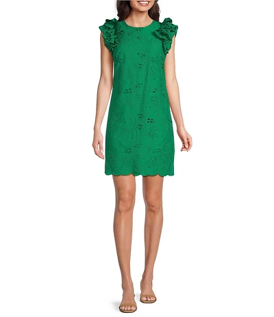 Jessica Howard Ruffle Sleeve Eyelet Detail Embroidered Cotton Dress