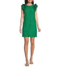 Jessica Howard Ruffle Sleeve Eyelet Detail Embroidered Cotton Dress