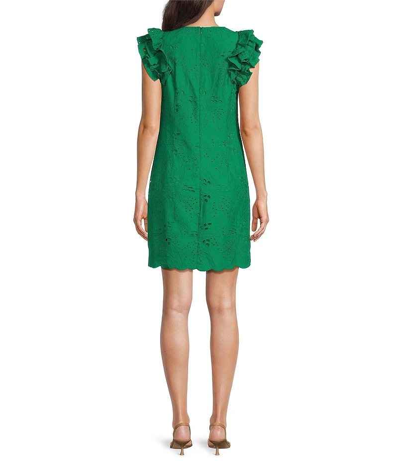 Jessica Howard Ruffle Sleeve Eyelet Detail Embroidered Cotton Dress