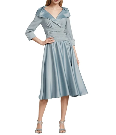 Jessica Howard Satin V-Neck Portrait Collar 3/4 Sleeve Cuff Dress