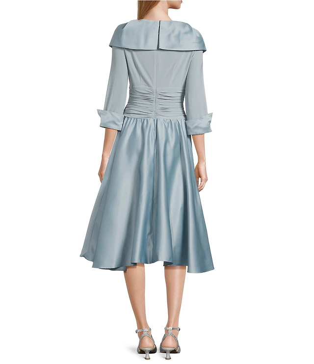 navy blue dress for baby girl Jessica Howard Portrait Collar V-Neck 3/4 Sleeve Rhinestone Cuff Ruched  Waist Satin Gown