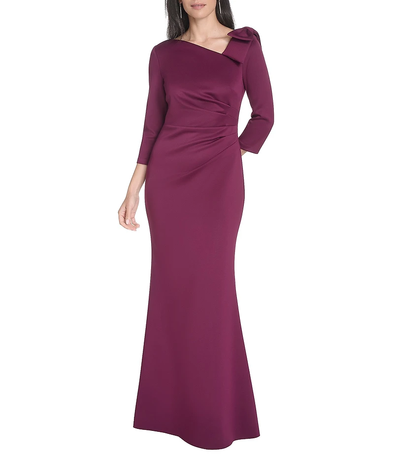 Jessica Howard Scuba Knit Asymmetrical Neckline Bow Shoulder Gown