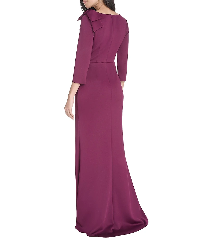 Jessica Howard Scuba Knit Asymmetrical Neckline Bow Shoulder Gown