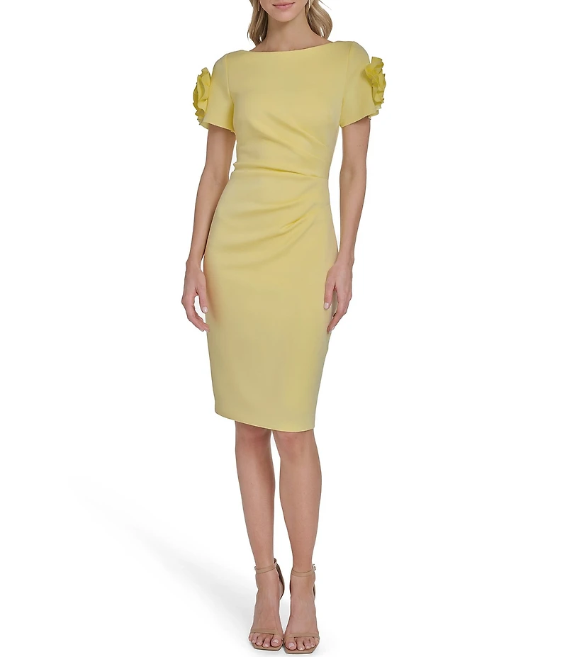 Jessica Howard Scuba Rosette Boat Neck Short Sleeve Sheath Knee Length Dress