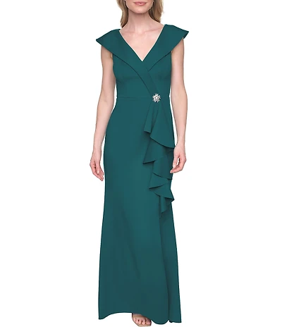 Jessica Howard Scuba Sleeveless Portrait Collar Cascading Ruffle Gown