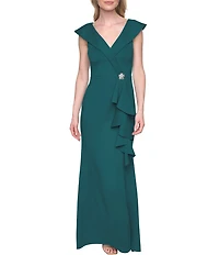 Jessica Howard Scuba Sleeveless Portrait Collar Cascading Ruffle Gown
