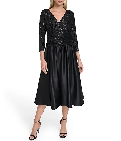 Jessica Howard Sequin V-Neck 3/4 Sleeve Satin Skirt Dress