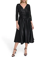 Jessica Howard Sequin V-Neck 3/4 Sleeve Satin Skirt Dress
