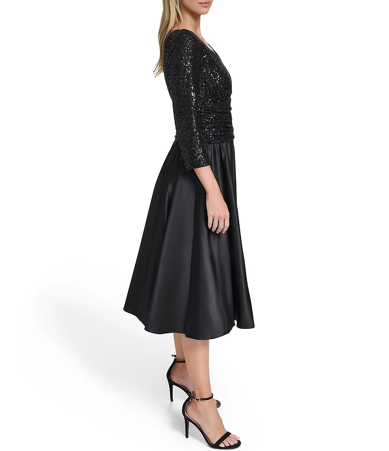 Jessica Howard Sequin V-Neck 3/4 Sleeve Satin Skirt Dress