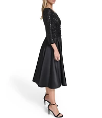 Jessica Howard Sequin V-Neck 3/4 Sleeve Satin Skirt Dress