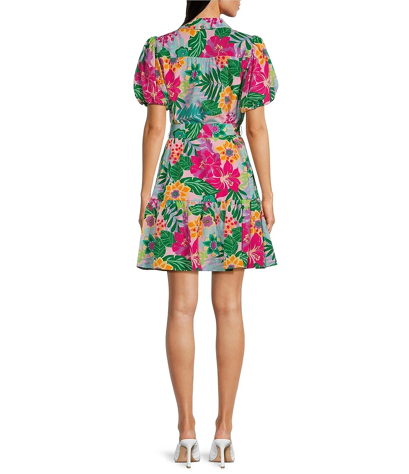 Jessica Howard Tropical Floral Short Balloon Sleeve V-Neck Collar Shirt Dress