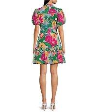 Jessica Howard Tropical Floral Short Balloon Sleeve V-Neck Collar Shirt Dress