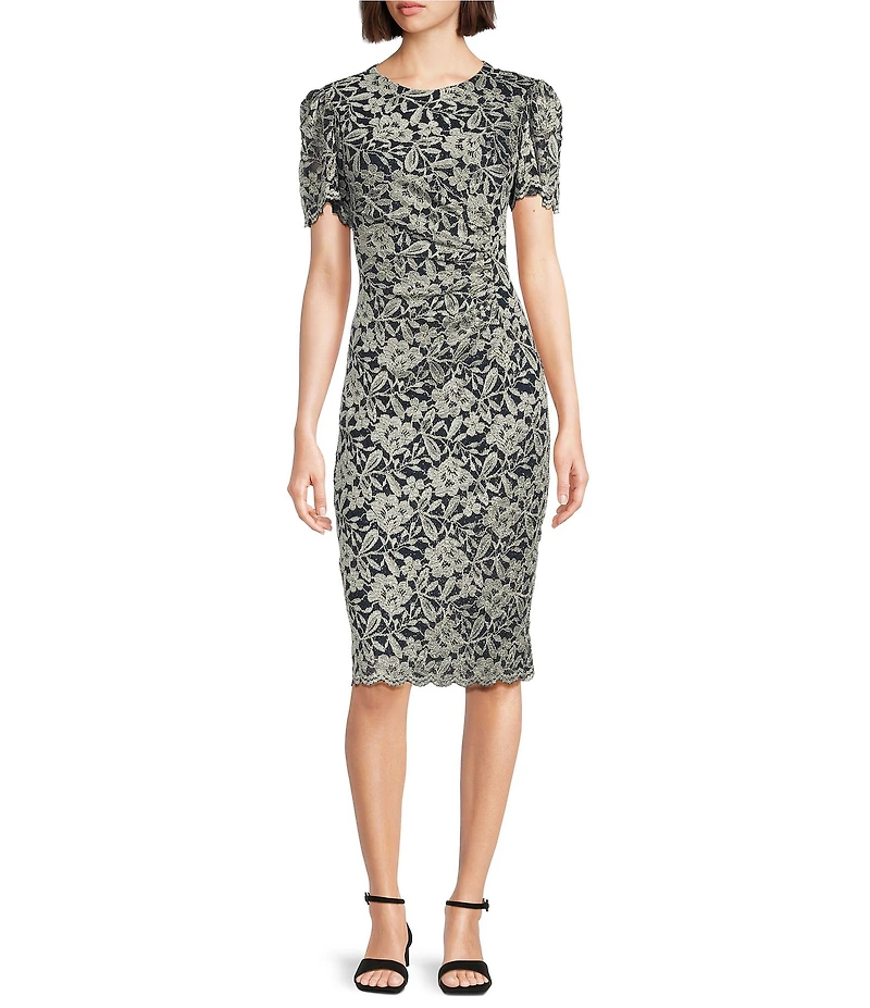 Jessica Howard Short Sleeve Crew Neck Floral Lace Sheath Dress