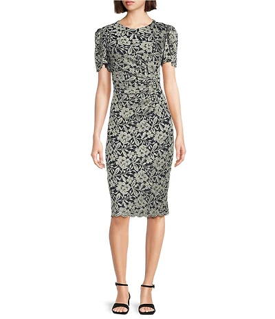 Jessica Howard Short Sleeve Crew Neck Floral Lace Sheath Dress