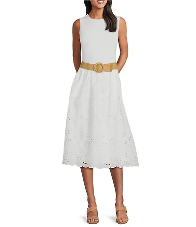 Jessica Howard Sleeveless Belted Eyelet Skirt Midi Dress