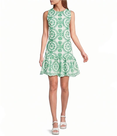 Jessica Howard Sleeveless Ruffled Tiered Skirt Embroidered Cotton Dress