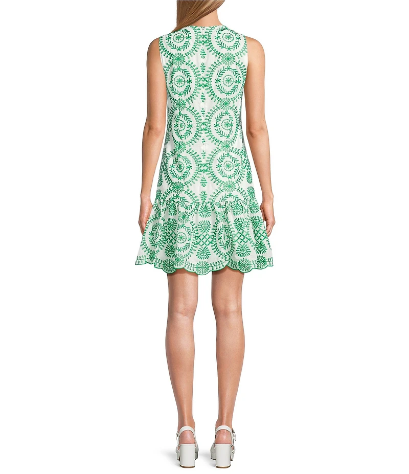Jessica Howard Sleeveless Ruffled Tiered Skirt Embroidered Cotton Dress