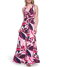 Jessica Howard Abstract Print V-Neck Sleeveless Tuck Front Maxi Dress
