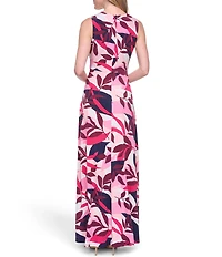 Jessica Howard Abstract Print V-Neck Sleeveless Tuck Front Maxi Dress
