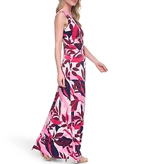 Jessica Howard Abstract Print V-Neck Sleeveless Tuck Front Maxi Dress