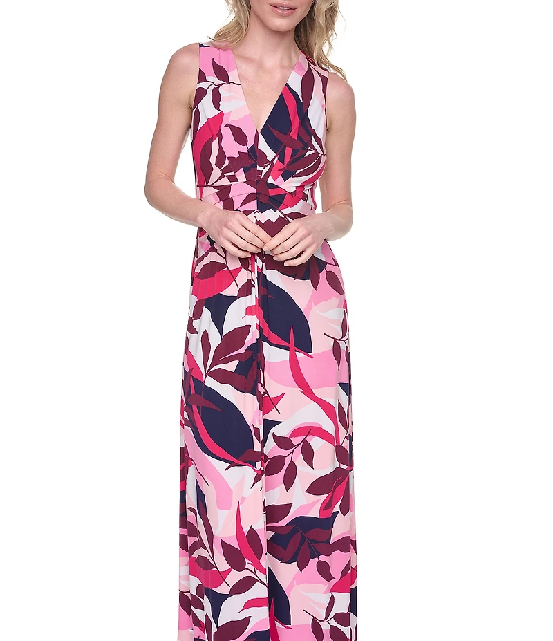 Jessica Howard Abstract Print V-Neck Sleeveless Tuck Front Maxi Dress