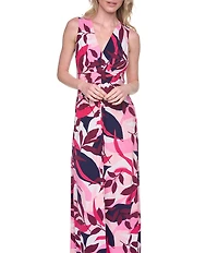 Jessica Howard Abstract Print V-Neck Sleeveless Tuck Front Maxi Dress