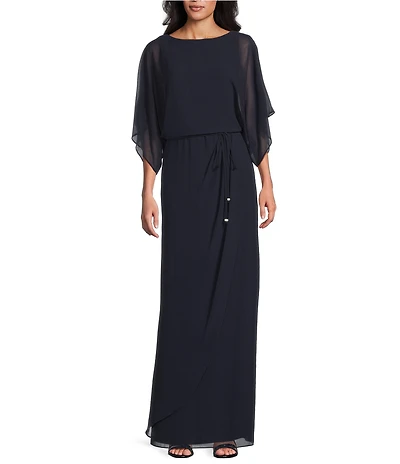 Jessica Howard Souffle Chiffon Boat Neck Short Sleeve Gathered Waist Column Maxi Dress