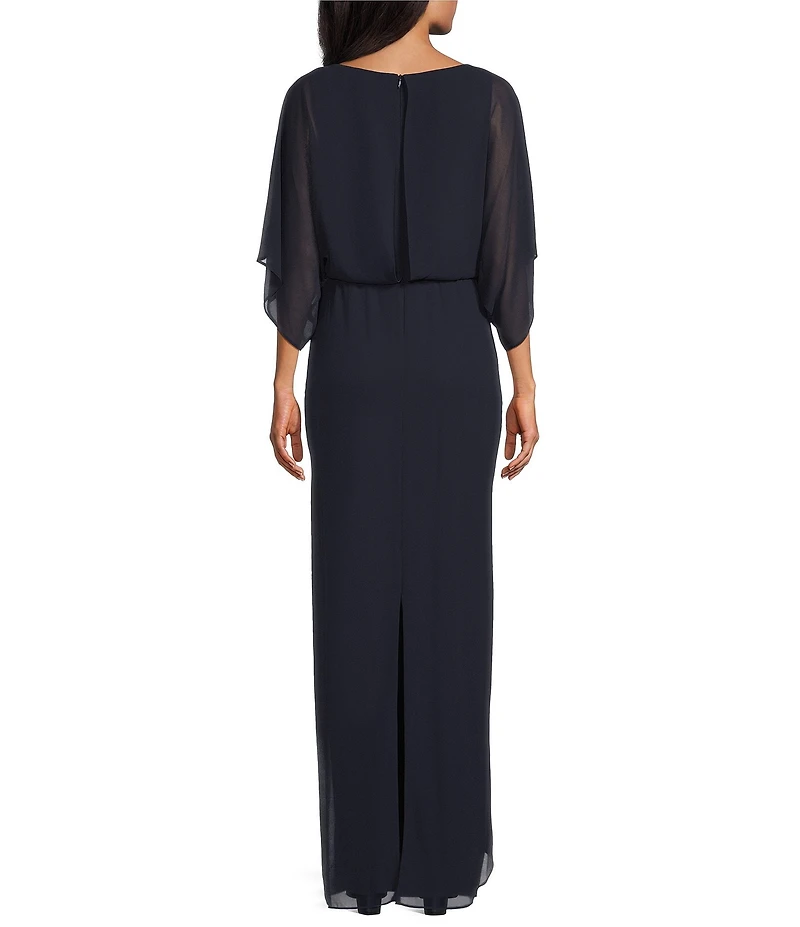 Jessica Howard Souffle Chiffon Boat Neck Short Sleeve Gathered Waist Column Maxi Dress