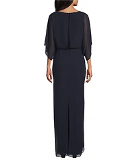Jessica Howard Souffle Chiffon Boat Neck Short Sleeve Gathered Waist Column Maxi Dress