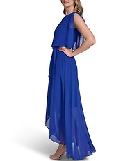 Jessica Howard Souffle Chiffon Faux Wrap Capelet Dress