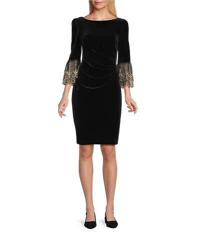 Jessica Howard Stretch Velvet Lace Bell Sleeve Sheath Dress