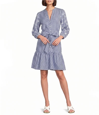 Jessica Howard Striped Pattern Embroidered V-Neck 3/4 Sleeve Shirtdress