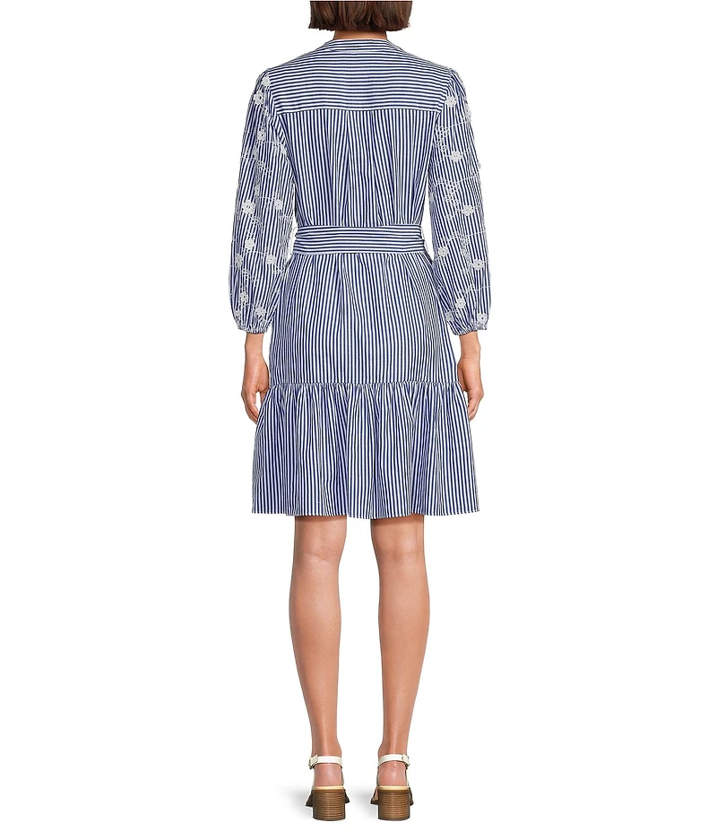 Jessica Howard Striped Pattern Embroidered V-Neck 3/4 Sleeve Shirtdress