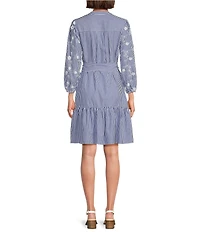 Jessica Howard Striped Pattern Embroidered V-Neck 3/4 Sleeve Shirtdress