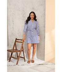Jessica Howard Striped Pattern Embroidered V-Neck 3/4 Sleeve Shirtdress