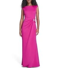 Jessica Howard Techno Scuba Knit Round Neck Cap Sleeve Wrap Front Gown