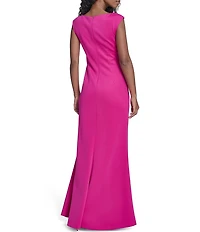 Jessica Howard Techno Scuba Knit Round Neck Cap Sleeve Wrap Front Gown