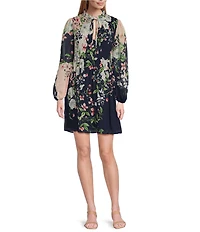 Jessica Howard Tie Split Neck Balloon Sleeve Pleated Chiffon Sheath Dress