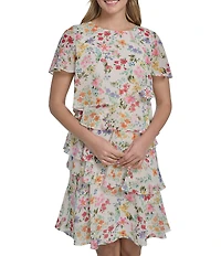 Jessica Howard Tiered Floral Chiffon Flutter Sleeve Dress
