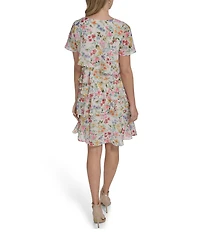 Jessica Howard Tiered Floral Chiffon Flutter Sleeve Dress