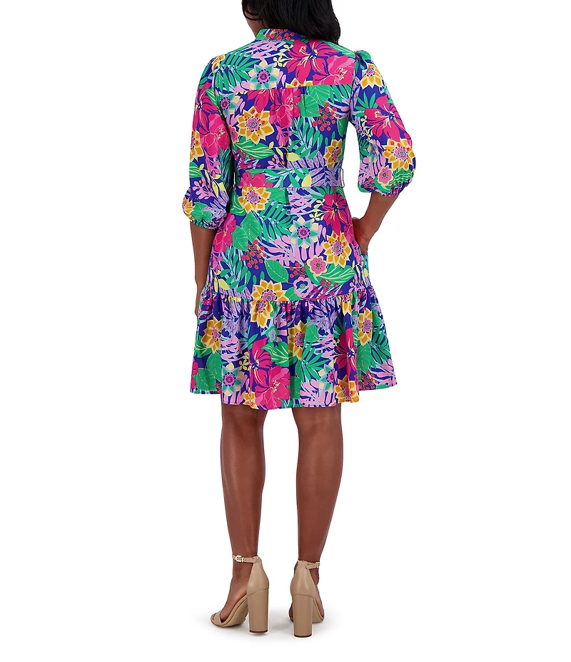 Jessica Howard V Neck 3/4 Balloon Sleeve Tie Sash Sheath Dress