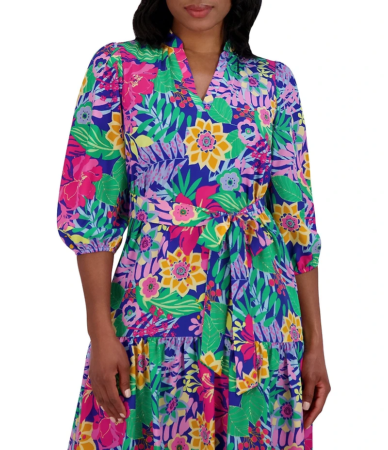 Jessica Howard V Neck 3/4 Balloon Sleeve Tie Sash Sheath Dress