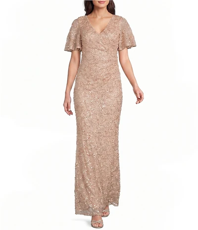 Jessica Howard V-Neck Flutter Sleeve Soutache Gown