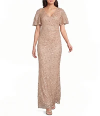 Jessica Howard V-Neck Flutter Sleeve Soutache Gown