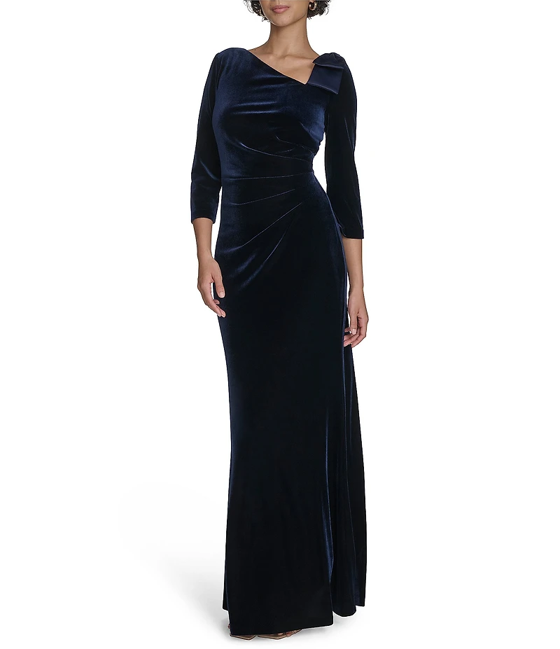 Jessica Howard Velvet Asymmetrical Neckline Bow Shoulder Gown