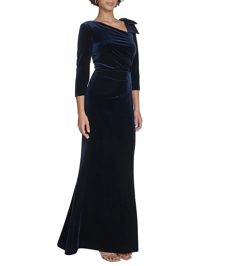 Jessica Howard Velvet Asymmetrical Neckline Bow Shoulder Gown