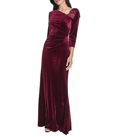Jessica Howard Velvet Asymmetrical Neckline Bow Shoulder Gown