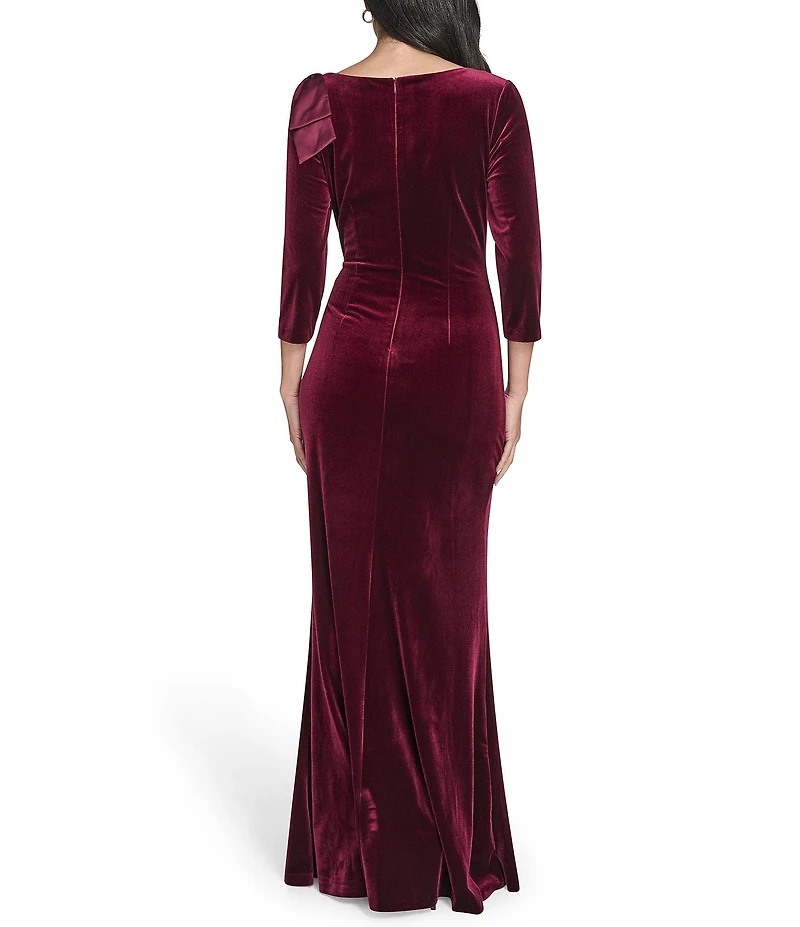Jessica Howard Velvet Asymmetrical Neckline Bow Shoulder Gown